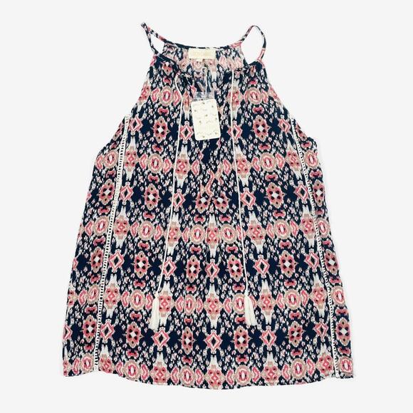 Lucy & Laurel Ikat Print Top Size S Blue Red Casual Boho Beachy Flowy Summer - Picture 14 of 14